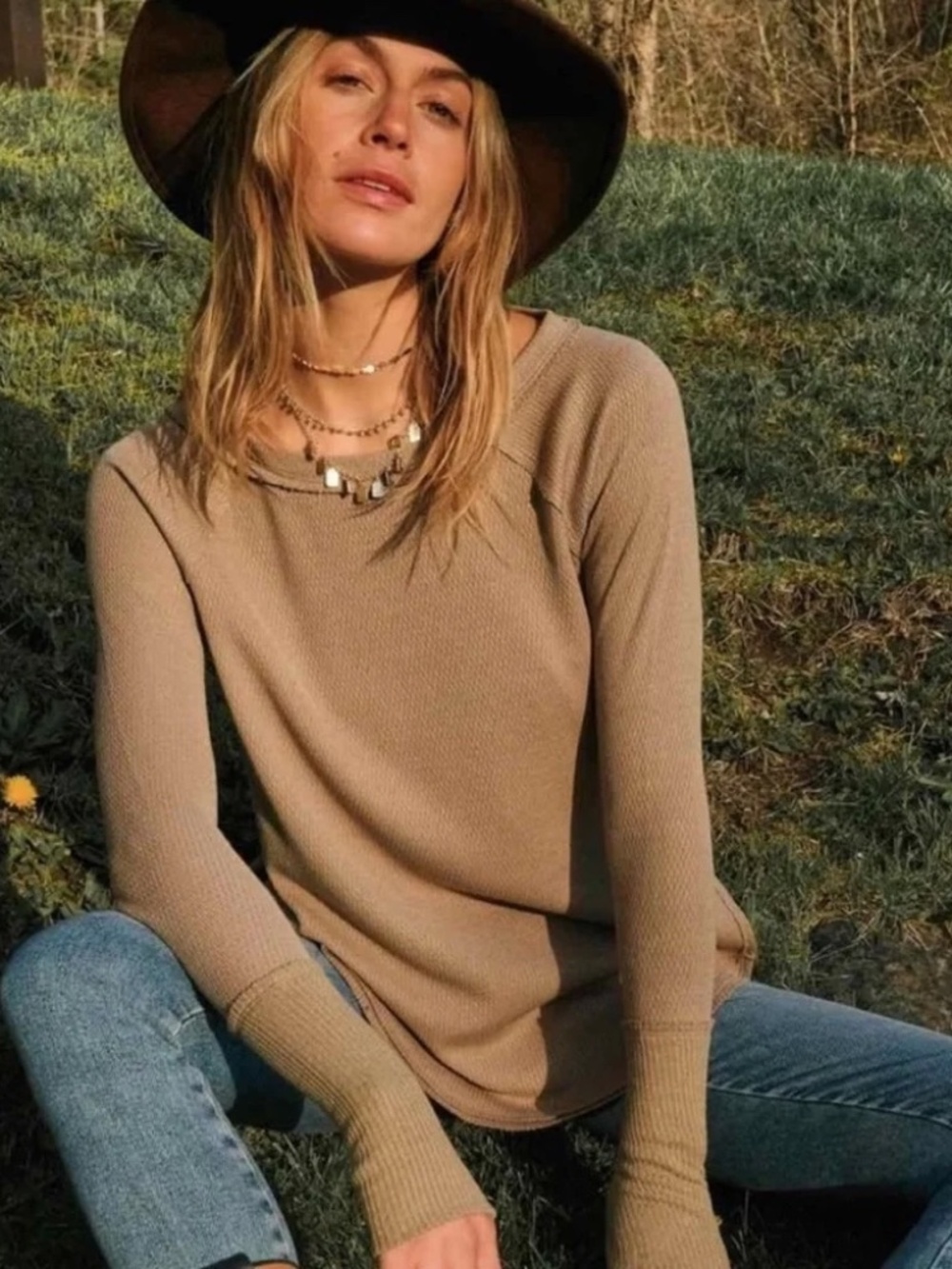 Free People We The Free Olive Green Waffle Knit Snowy Thermal
